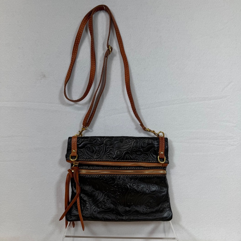 Black Leather Crossbody Bag Italy Made Embossed Floral Flap Small Purse
